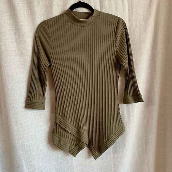 Monteau Womens XL Olive Green Knit Sweater Ribbed Quarter Sleeve Mock Neck - Picture 7 of 12